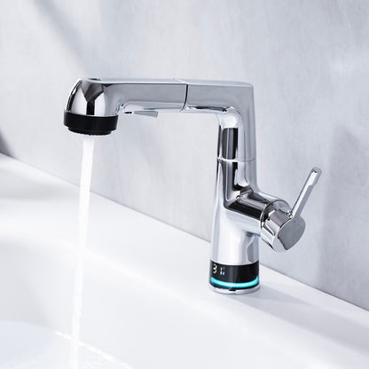 LED Digital Display Pull-Out Bathroom Faucet, Liftable Single-Handle Deck Mount Faucet, Gunmetal / Matte White / Chrome
