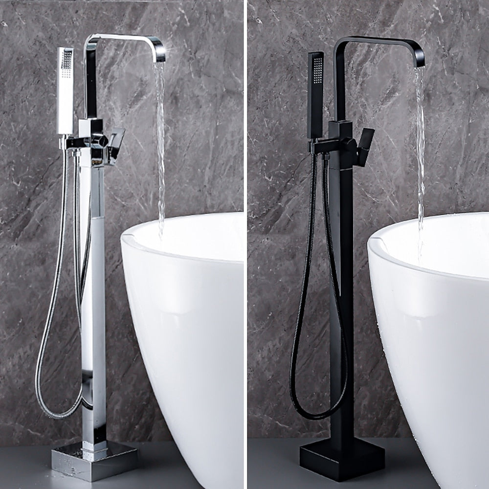 Modern Freestanding Tub Filler Faucet, Single-Handle Brass Bathtub Faucet with Handheld Shower, Chrome / Matte Black