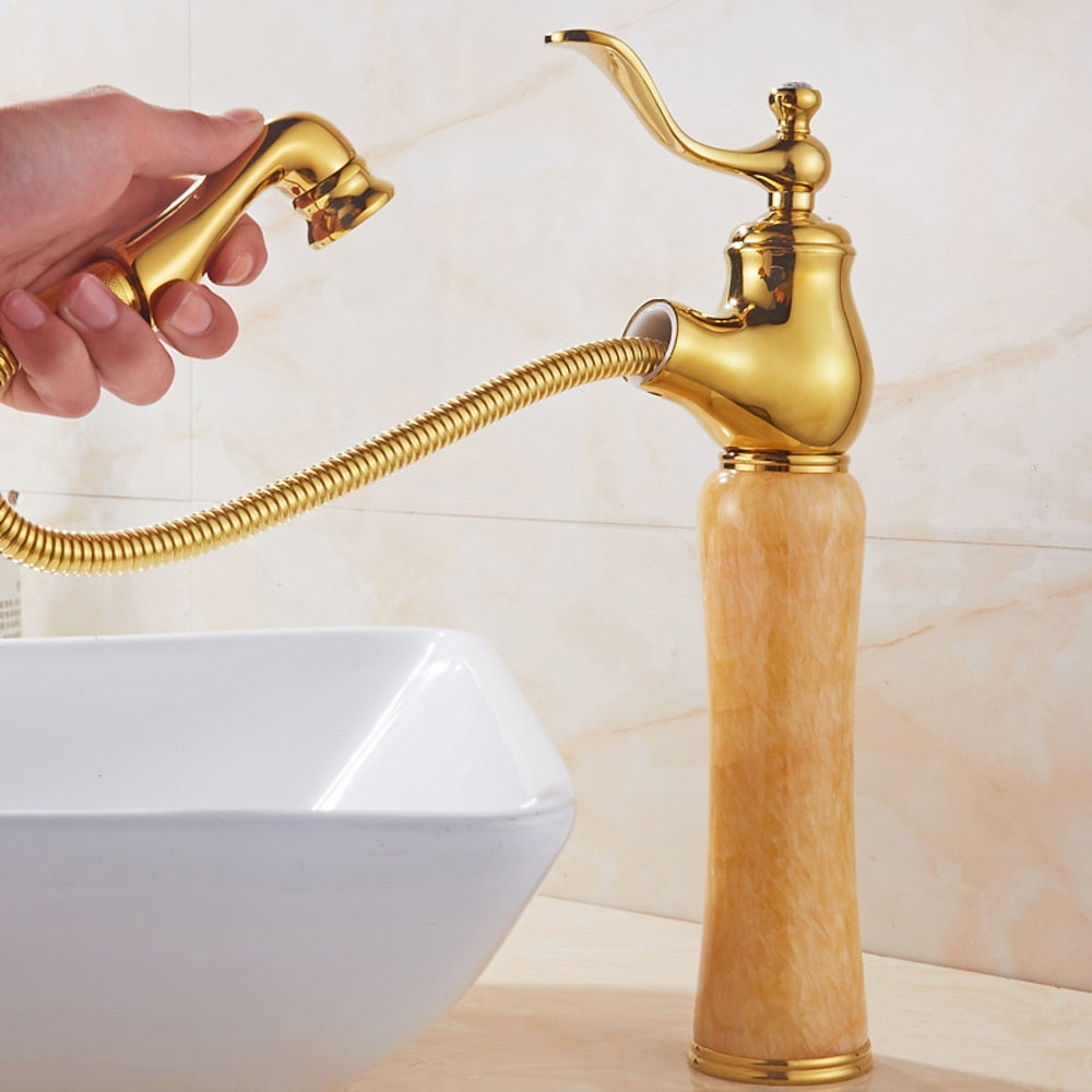Vintage Traditional Single-Hole Bathroom Faucet, Single-Handle Brass Faucet with Marble Column Base, Gold / White / Multi
