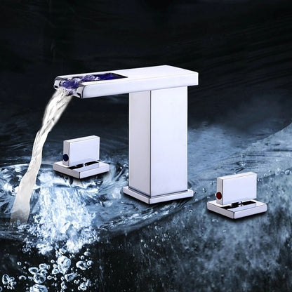 LED Waterfall Chrome Bathroom Faucet, Widespread Dual-Handle Brass Faucet