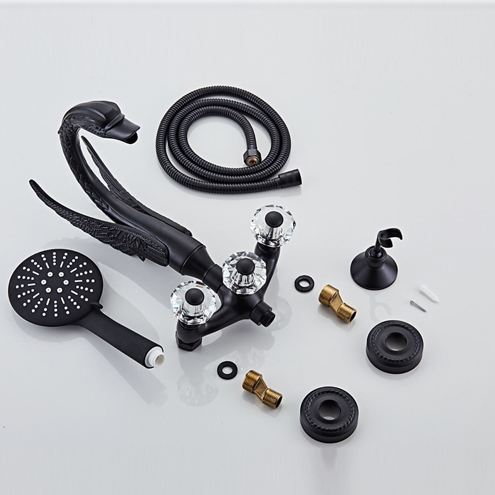 Vintage Swan-Shaped Brass Tub Filler Faucet, Wall-Mount Dual-Handle Bathtub Faucet with Handheld Shower, Antique Brass / Matte Black / Chrome / PVD