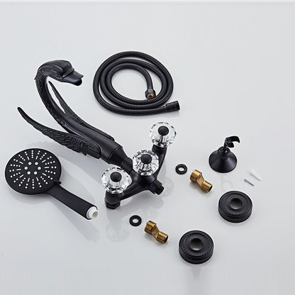 Vintage Swan-Shaped Brass Tub Filler Faucet, Wall-Mount Dual-Handle Bathtub Faucet with Handheld Shower, Antique Brass / Matte Black / Chrome / PVD
