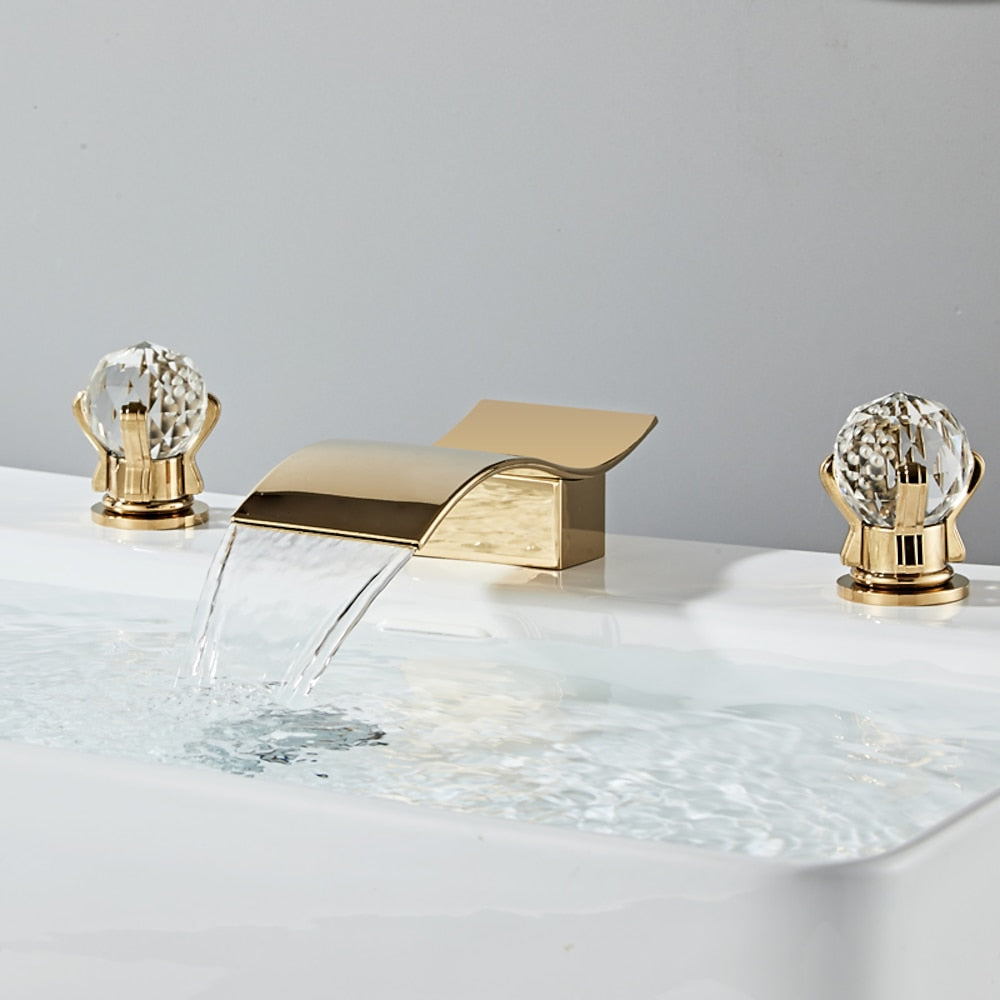 Waterfall Widespread Bathroom Sink Faucet, Double Crystal Knob Handle Deck Mounted Faucet, Matte Black / Chrome / Brushed Gold / Brushed Nickel / Gunmetal / PVD