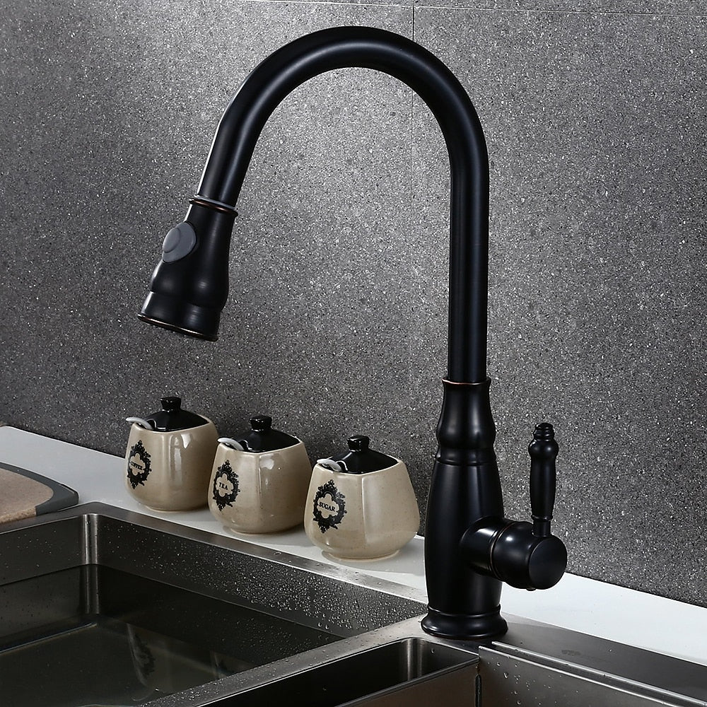 Oil-Rubbed Bronze Pull-Down Kitchen Faucet, Traditional Single-Handle Brass Faucet