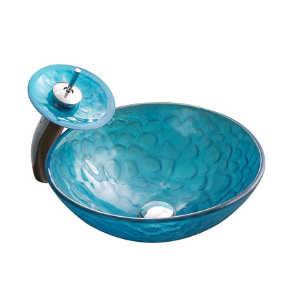 Blue Tempered Glass Vessel Sink with Chrome Waterfall Faucet, Modern Single-Hole Bathroom Vanity Basin Set with Pop-Up Drain