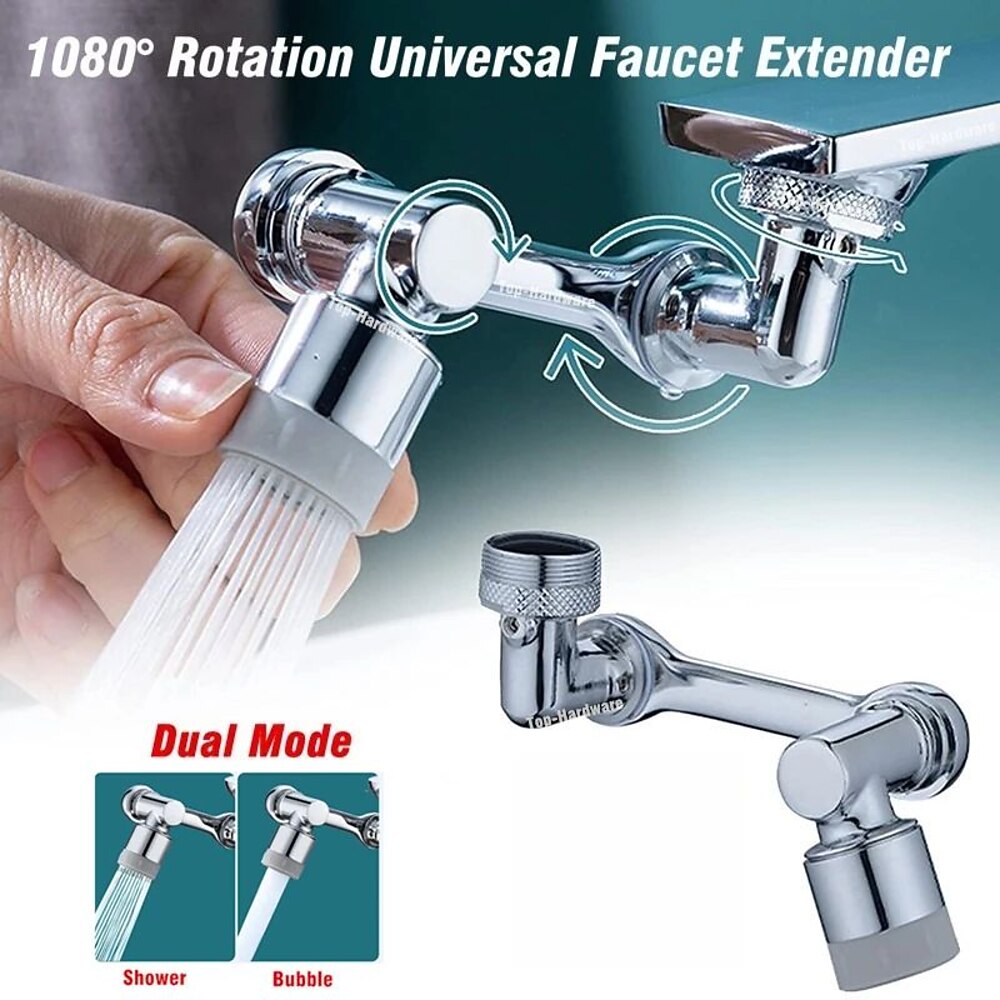 Chrome 1080-Degree Swivel Faucet Extender, Rotating Mechanical Arm Aerator with Dual Spray Modes