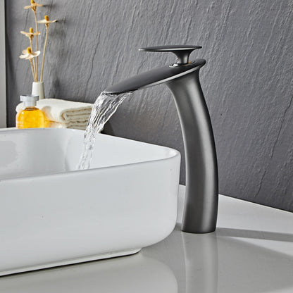 Modern Waterfall Bathroom Faucet, Single-Handle Brass Faucet, Matte Black / Chrome / Brushed Nickel / Brushed Gold / Polished Gold / Rose Gold / Oil-Rubbed Bronze / Venetian Bronze / Gunmetal / Matte White / Copper / Painted / Powder Coated