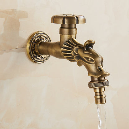 Vintage Dragon Wall-Mount Garden Faucet, Single Wheel Handle Outdoor Faucet, Antique Brass / Matte Black / Brushed Gold