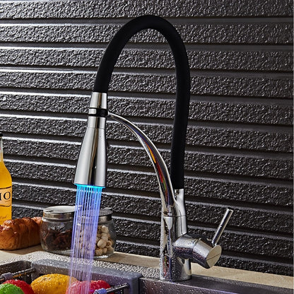 Modern LED Pull-Down Kitchen Faucet, Single-Handle Brass Faucet with Swivel Silicone Hose, Silver / Black / Multi