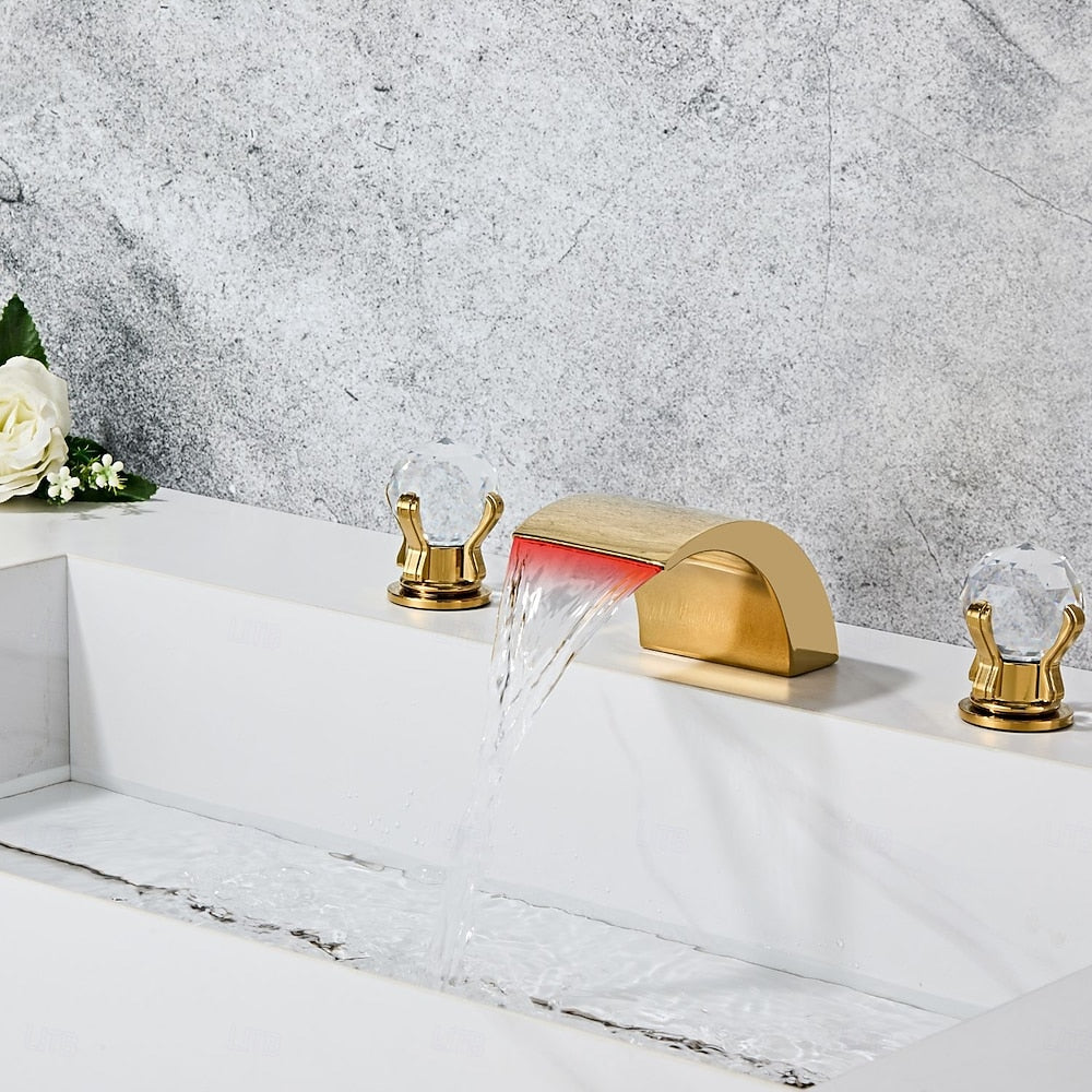 Polished Gold LED Waterfall Bathroom Faucet, Modern 3-Hole Widespread Double-Handle Faucet