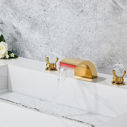 Polished Gold LED Waterfall Bathroom Faucet, Modern 3-Hole Widespread Double-Handle Faucet