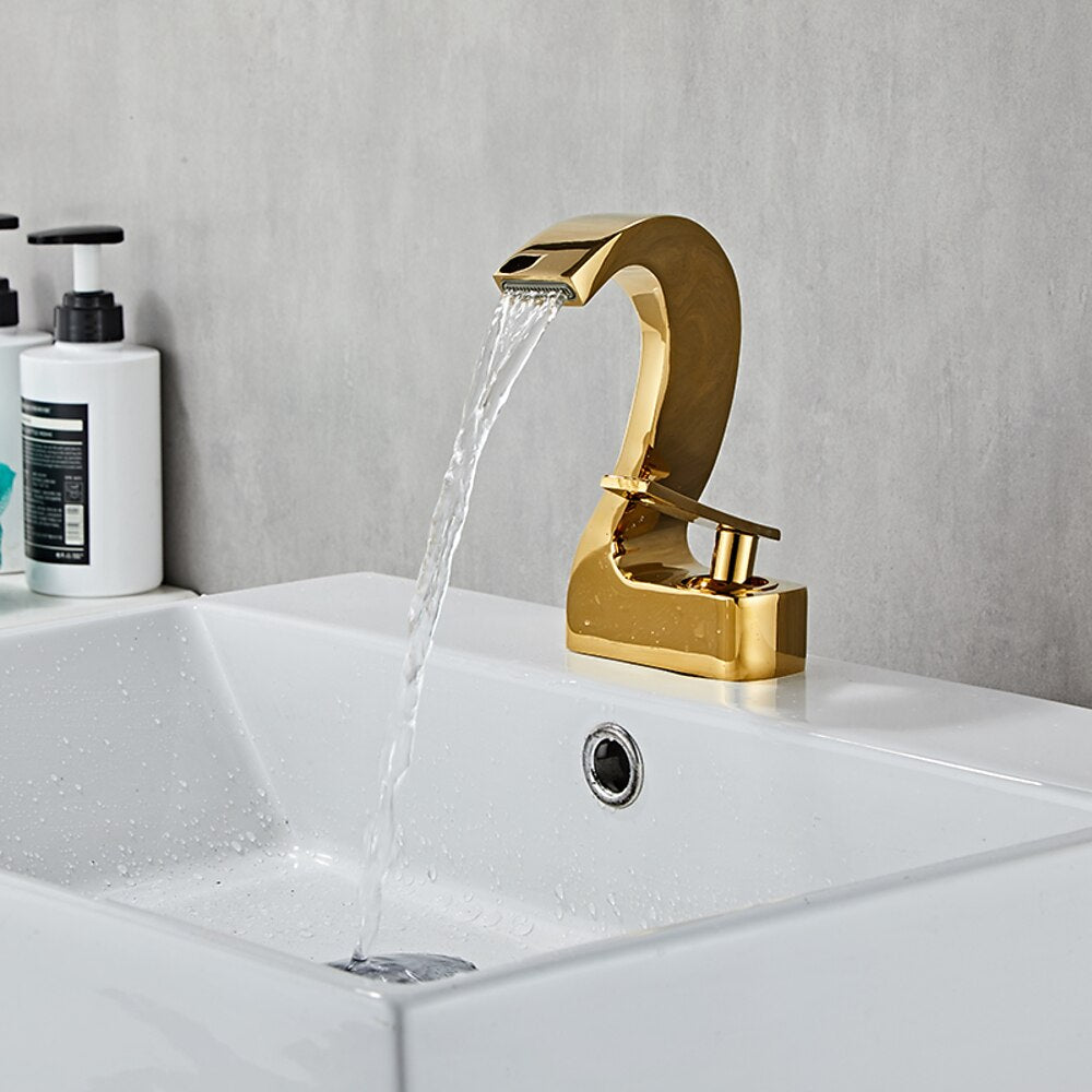 Waterfall Single-Hole Bathroom Faucet, Single-Handle Brass Faucet