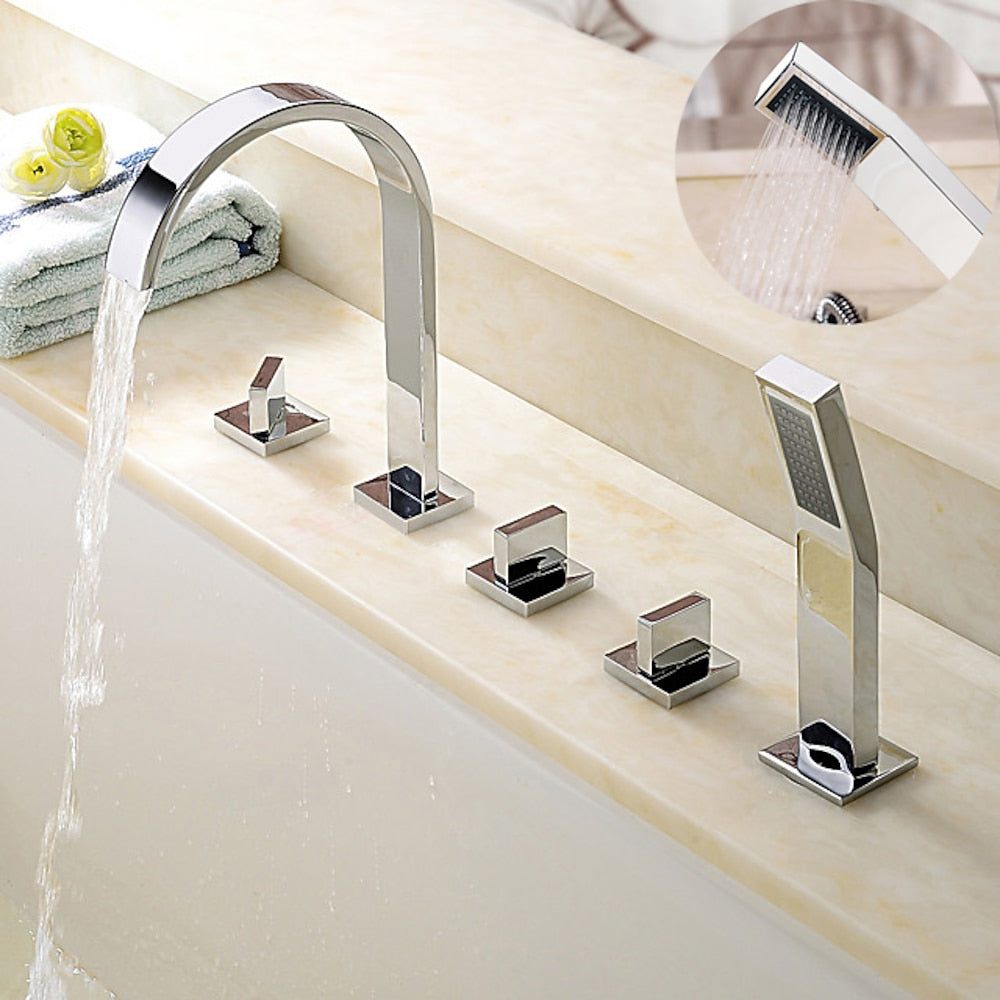 Chrome Waterfall Roman Tub Faucet, 3-Handle Deck-Mount Faucet with Handheld Shower