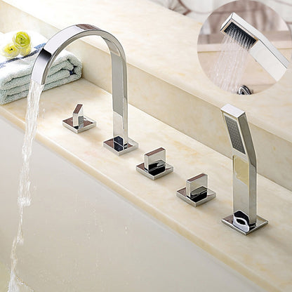 Chrome Waterfall Roman Tub Faucet, 3-Handle Deck-Mount Faucet with Handheld Shower