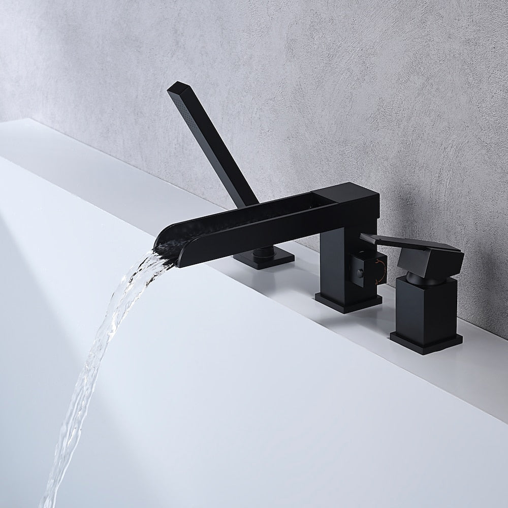 Waterfall Roman Tub Faucet, Single-Handle 3-Hole Tub Faucet with Handheld Shower, Brushed Gold / Matte Black / Chrome