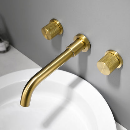 Brushed Gold Modern Wall-Mount Bathroom Sink Faucet, Dual-Handle Brass Faucet with Knurled Handles