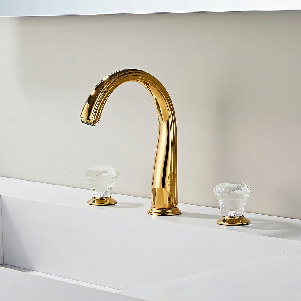 Polished Gold Modern Widespread Bathroom Faucet, 3-Hole Dual-Handle Sink Faucet with Crystal Knob Handles