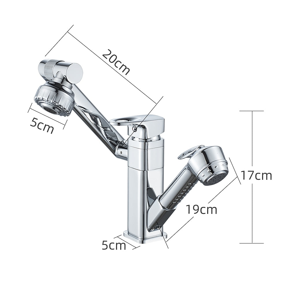 Chrome Single-Hole Bathroom Sink Faucet, Pull-Out Swivel Spout Faucet