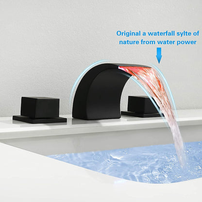 LED Waterfall Bathroom Faucet, Widespread Double-Handle Brass Faucet, Matte Black / Brushed Nickel / Chrome