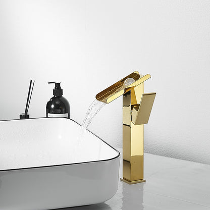 Brushed Gold Waterfall Bathroom Sink Faucet, Modern Single-Hole Single-Handle Faucet
