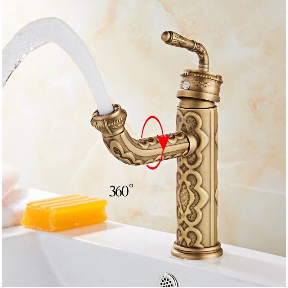 Antique Brass 360-Degree Swivel Spout Vintage Bathroom Faucet, Single-Handle Single-Hole Basin Faucet with Water Inlet Hoses