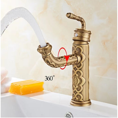 Antique Brass 360-Degree Swivel Spout Vintage Bathroom Faucet, Single-Handle Single-Hole Basin Faucet with Water Inlet Hoses