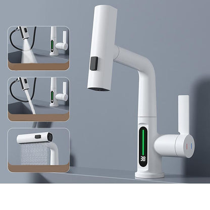 LED Digital Display Waterfall Bathroom Faucet, Single-Handle Pull-Out Faucet, Chrome / Gunmetal / Matte Black / Matte White