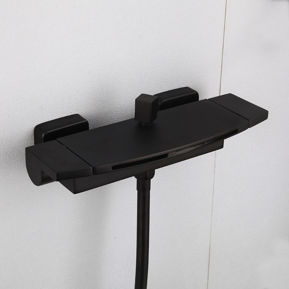Waterfall Wall-Mount Tub Filler, Modern Brass Dual-Handle Bathtub Faucet with Handheld Shower, Chrome / Matte Black