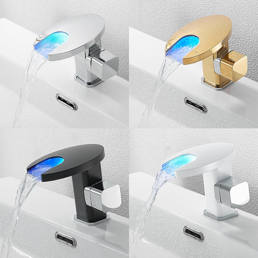 LED Waterfall Bathroom Faucet, Single-Handle Deck-Mount Faucet, Matte Black / Chrome / Polished Gold / Matte White