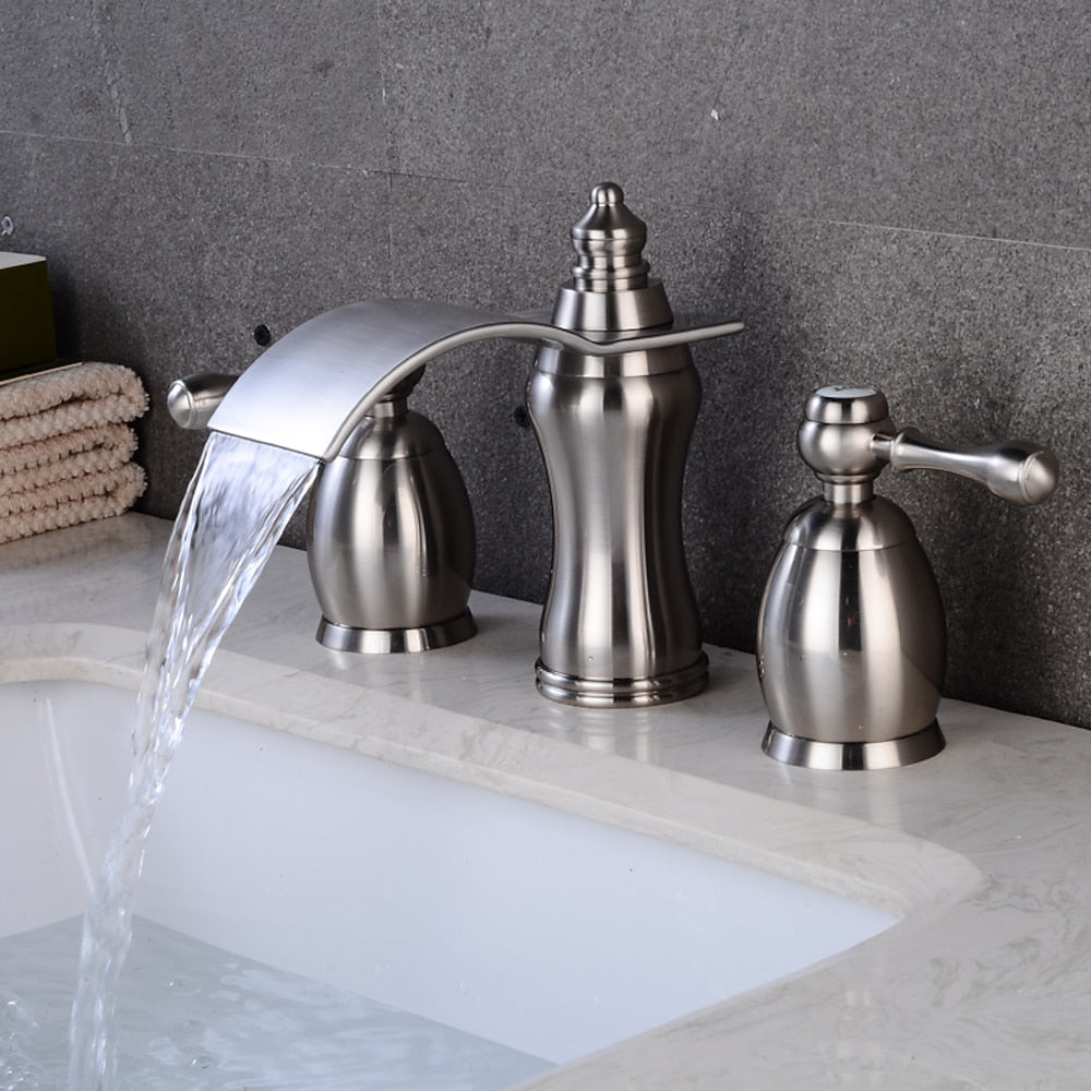 Waterfall 3-Hole Widespread Bathroom Faucet, Traditional Dual-Handle Sink Faucet, Matte Black / Rose Gold / Brushed Gold / Brushed Nickel / Chrome