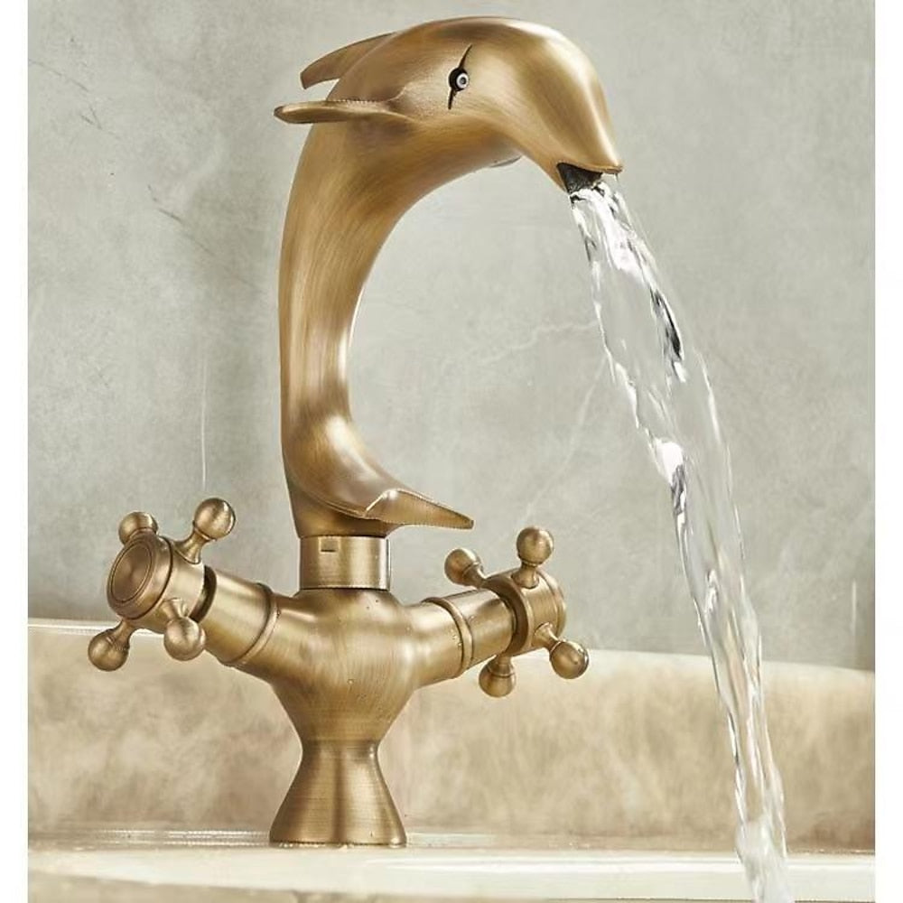 Dolphin Antique Brass Waterfall Bathroom Faucet, Single-Hole Double-Handle Brass Faucet
