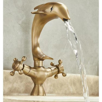 Dolphin Antique Brass Waterfall Bathroom Faucet, Single-Hole Double-Handle Brass Faucet