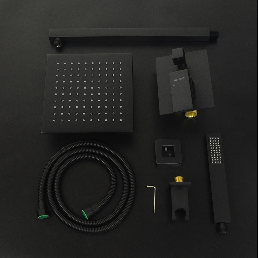 Modern Matte Black Wall-Mounted Shower System, 8-Inch Rain Shower Faucet Set with Handheld Spray