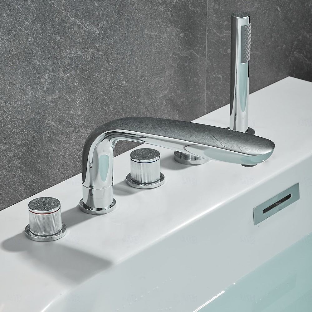 Chrome Modern Deck-Mount Tub Filler Faucet, 3-Handle 5-Hole Roman Tub Faucet with Handheld Shower