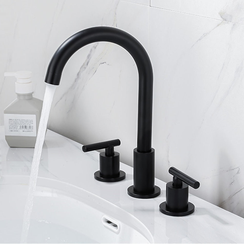 Modern 3-Hole Widespread Bathroom Faucet, Brass Dual-Handle Faucet with 360-Degree Swivel Spout, Chrome / Matte Black / Polished Gold