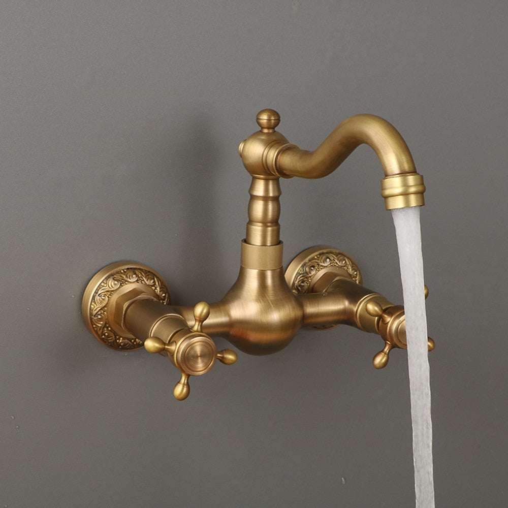 Traditional Antique Brass Wall-Mount Kitchen Faucet, Dual Cross Handle Brass Faucet with Swivel Spout