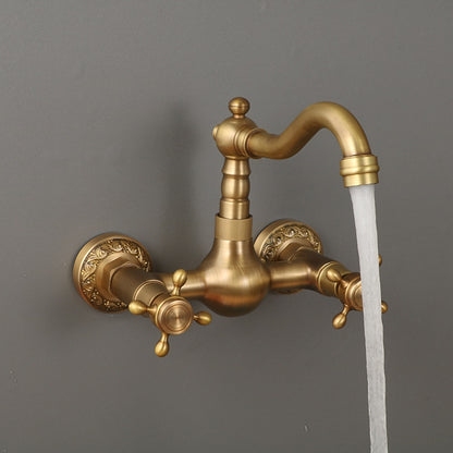 Traditional Antique Brass Wall-Mount Kitchen Faucet, Dual Cross Handle Brass Faucet with Swivel Spout
