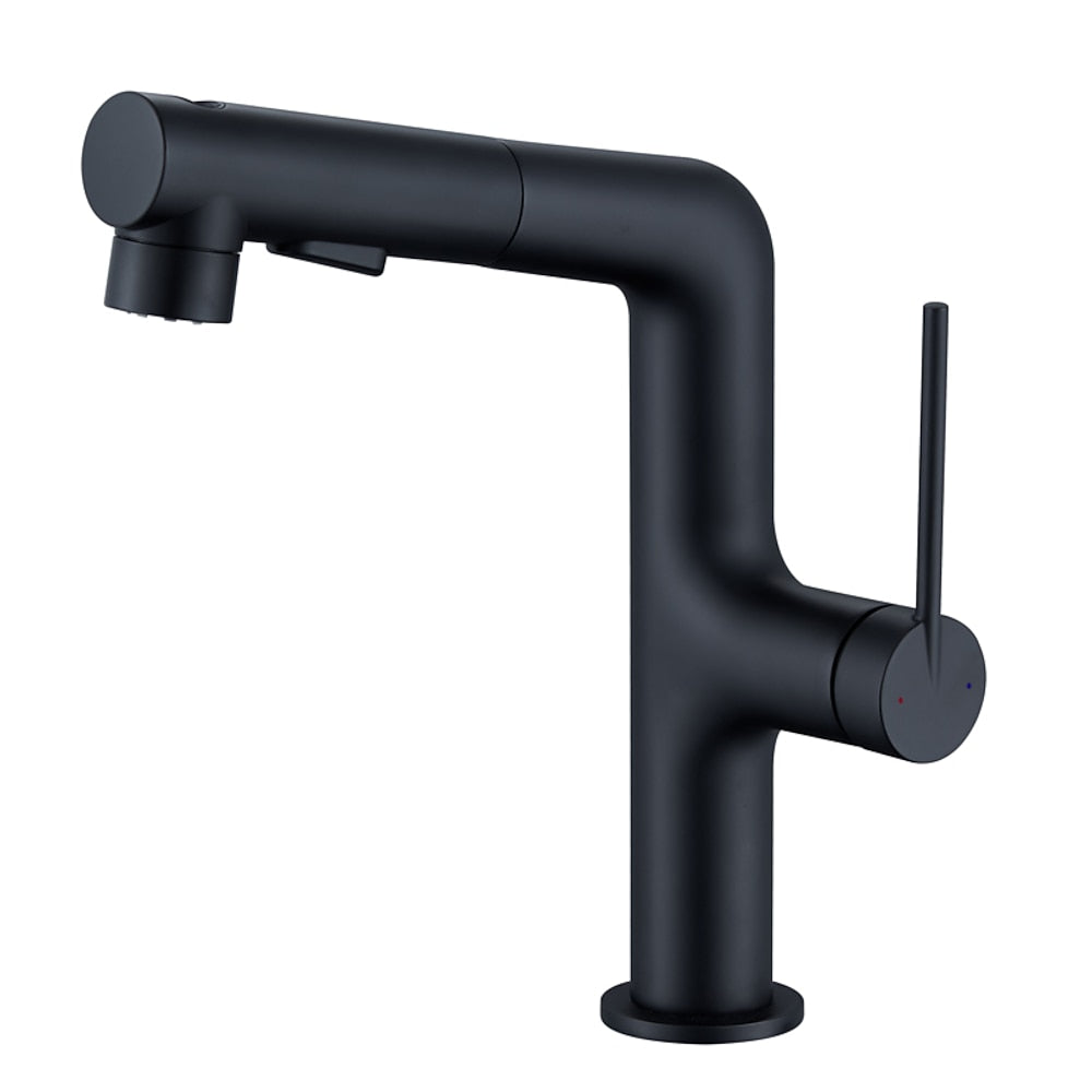 Pull-Out Spray Bathroom Faucet, Modern Single-Hole Single-Handle Brass Faucet, Gunmetal / Matte Black / Brushed Gold / Matte White / Chrome