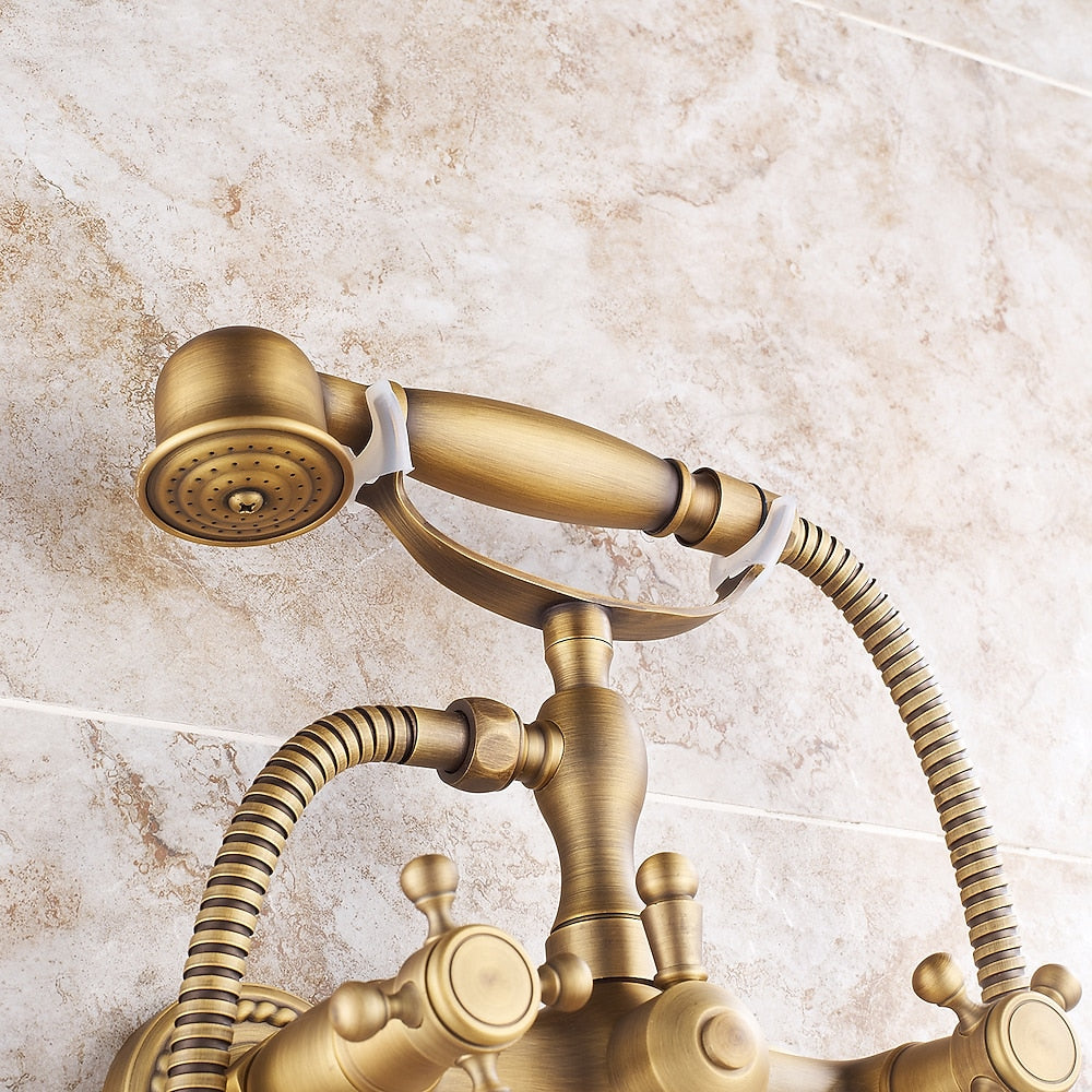 Vintage Wall-Mount Tub Faucet, Double-Handle Brass Bathtub Faucet with Telephone- Handheld Shower, Antique Brass / Matte Black