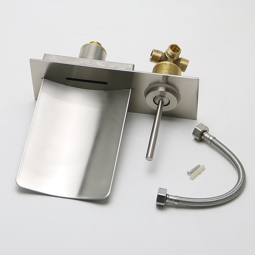 LED Waterfall Brushed Nickel Bathroom Sink Faucet, Modern Wall-Mount Single-Handle Faucet