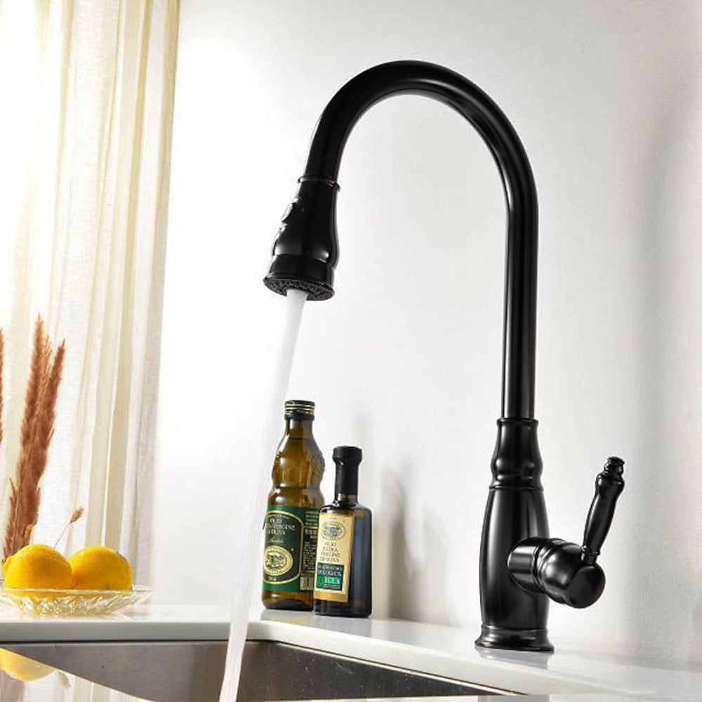 Traditional High-Arc Pull-Down Kitchen Faucet, Single-Handle Single-Hole Brass Faucet, Oil-Rubbed Bronze / Chrome / Brushed Nickel / Polished Gold