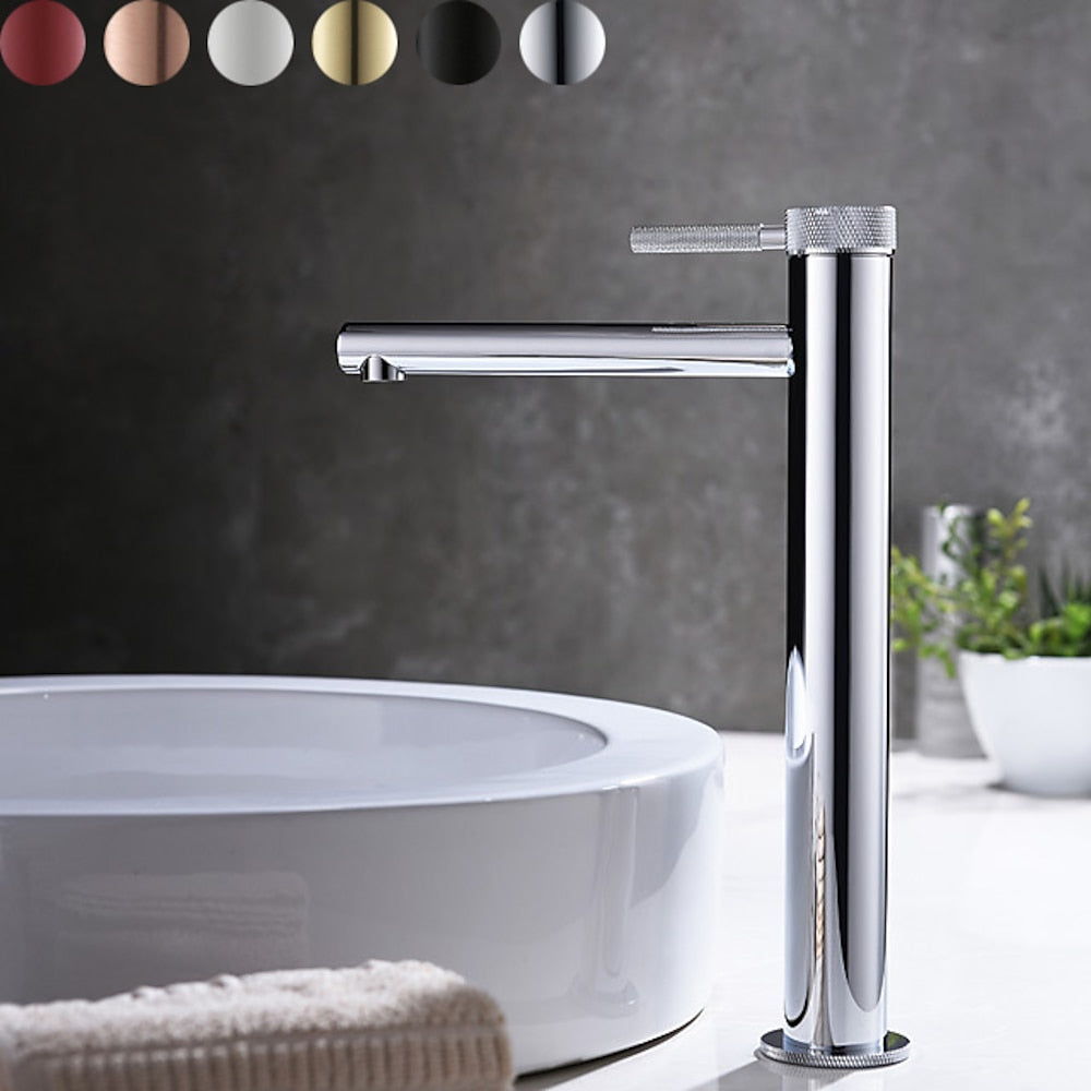 Modern Single-Handle Tall Vessel Sink Faucet, Solid Brass Bathroom Faucet with Knurled Handle, Chrome / Matte Black / Brushed Gold / Rose Gold / Matte White