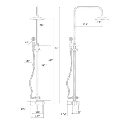 Traditional Antique Brass Wall-Mount Shower System, Single-Handle Exposed Pipe Faucet with 8-Inch Rainfall Shower Head, Handheld Sprayer