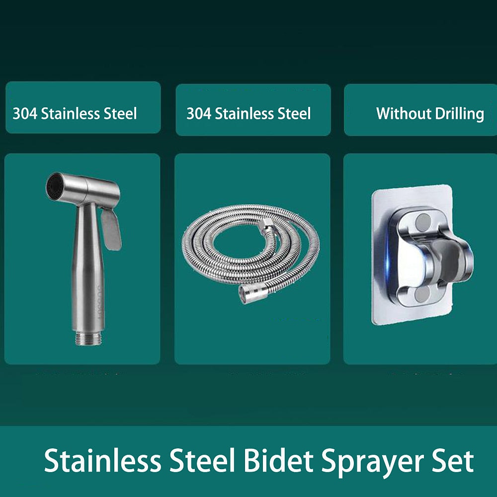 No-Drilling Wall-Mount Bidet Sprayer Set, Handheld Toilet Shattaf Sprayer, Stainless Steel / Matte Black