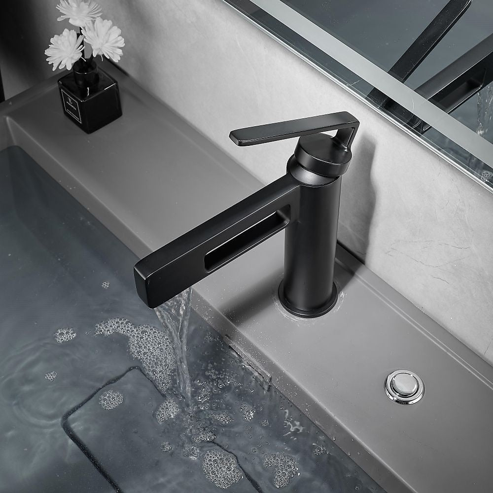 Modern Waterfall Bathroom Sink Faucet, Single-Handle Single-Hole Brass Faucet, Matte Black / Brushed Gold / Gunmetal / Chrome / Matte White