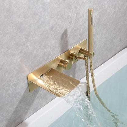 Waterfall Wall-Mount Tub Filler Faucet, Brass Bathtub Faucet with Handheld Shower, Brushed Gold / Matte Black
