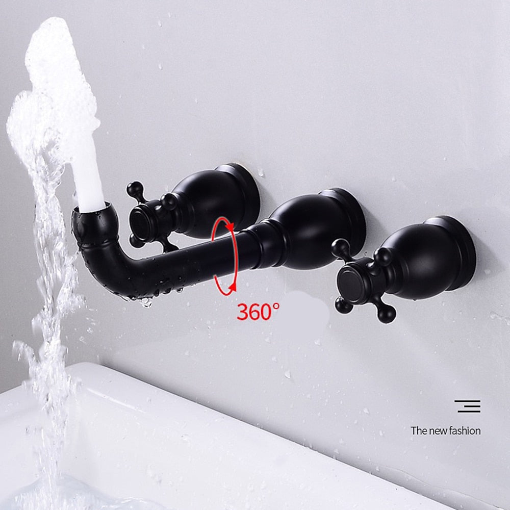 360-Degree Swivel Spout Wall-Mount Bathroom Faucet, Traditional Dual Cross Handle Brass Faucet, Antique Brass / Matte Black / Chrome / Matte White