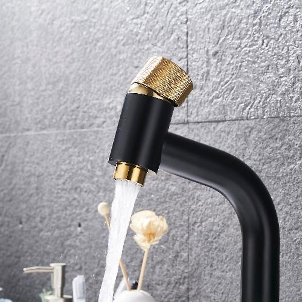 Modern Single-Hole Bathroom Faucet, Single-Handle Brass Vanity Faucet with Knurled Handle, Matte Black / Brushed Gold / Rose Gold