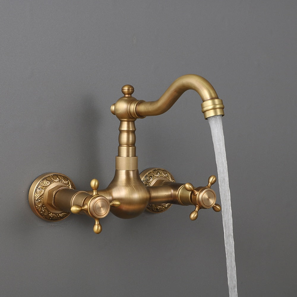 Traditional Antique Brass Wall-Mount Kitchen Faucet, Dual Cross Handle Brass Faucet with Swivel Spout
