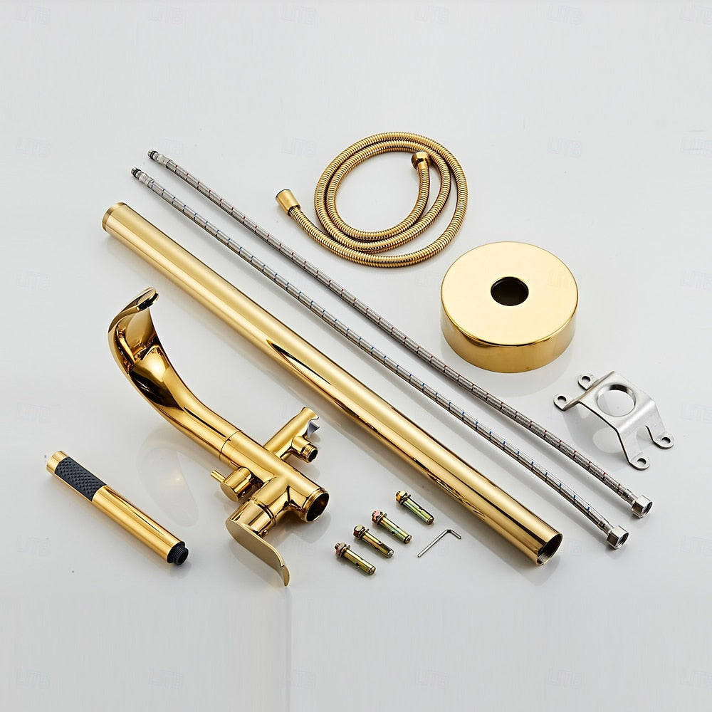 Brushed Gold Freestanding Tub Filler, Single-Handle Brass Faucet with Handheld Shower